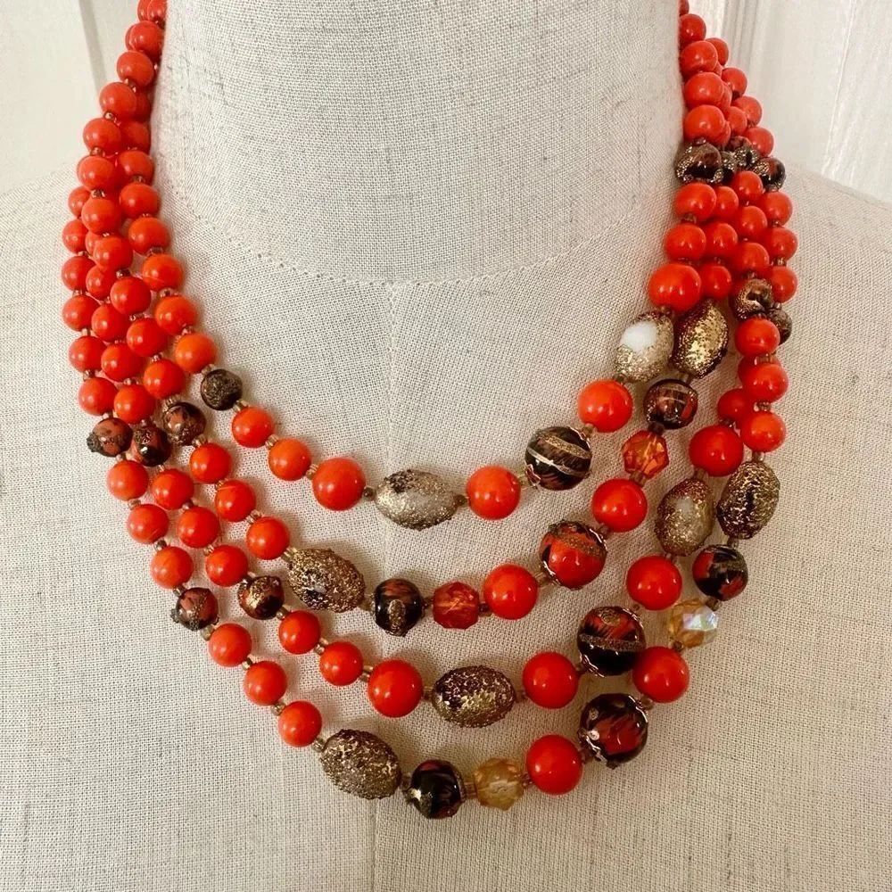 Orange gold tone and black multi strand vintage necklace